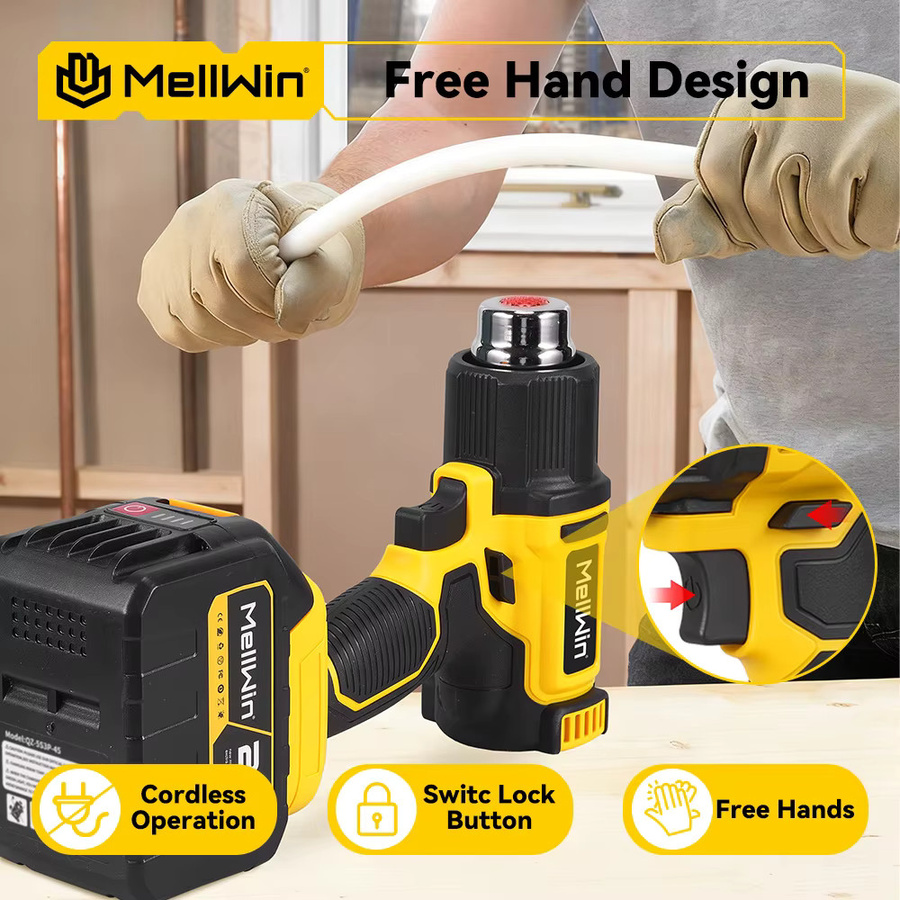 MELLWIN Kabellose industrielle Heißluftpistole Gelb, 25-stufig einstellbar bis 540 °C, kompatibel mit Makita 18V Akku für Autofolien, Löten und Schrumpffolien - Bild 5