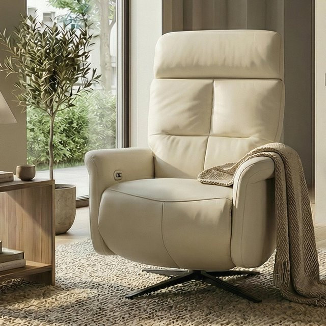 MCW Relaxsessel L10 aus Voll-Leder, elektrisch verstellbarer Liegesessel mit Drehfunktion in Creme-Weiß - Bild 1