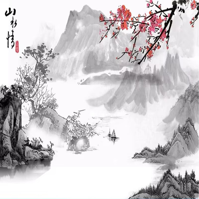 Personalisierbare Wandtapete im chinesischen Stil mit Landschafts-Tintenmalerei und Strohtextur in Mehrfarbig für Wohnzimmer, Schlafzimmer oder Arbeitszimmer - Bild 4