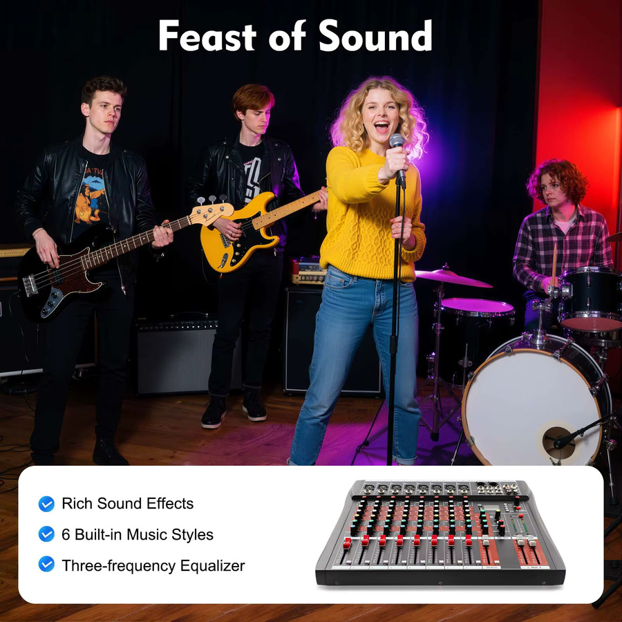 Bymaocar 8-Kanal Professionelles Audio-Mischpult Soundboard Konsole mit Bluetooth und USB, Stereo-Mixer mit 48V Phantomspeisung, Schwarz - Bild 2