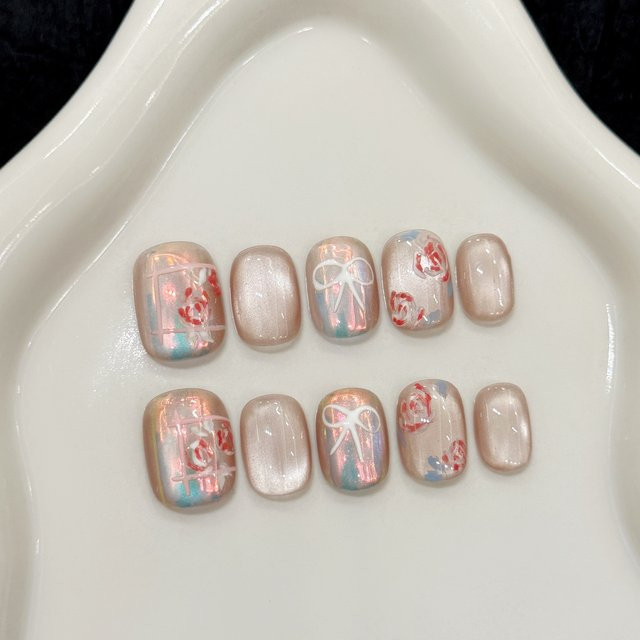 YADORNOS Press On Nails, 10 Stück, Rose Schleife Aurora, rosa blau, glänzend - Bild 1