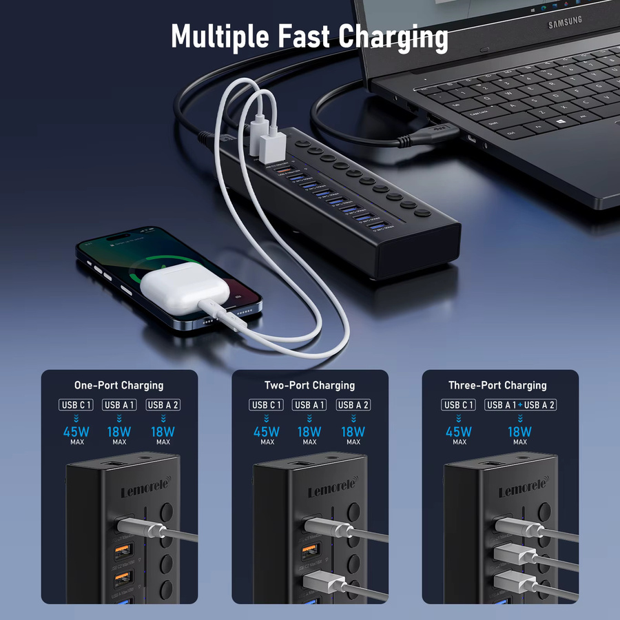 Lemorele USB-C-Hub mit 10 Anschlüssen als Multi-USB-3.0-Splitter und Dockingstation für Laptop und PC in Schwarz - Bild 4