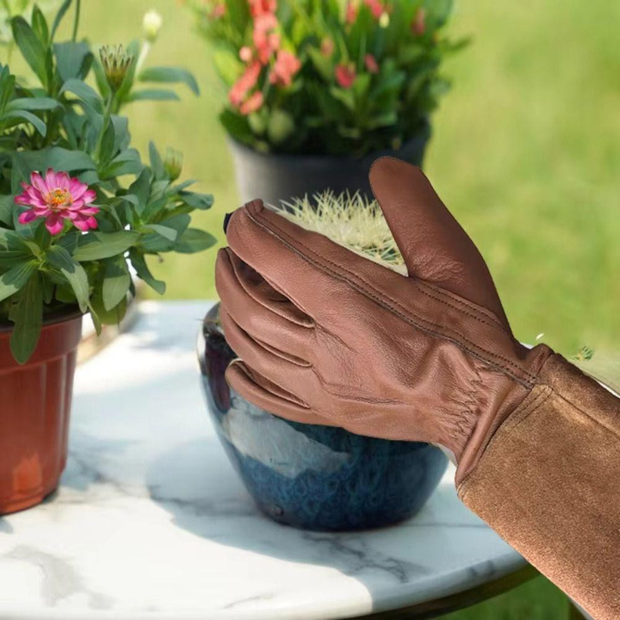 Luyacoth Gartenhandschuhe aus Leder in Kaffeebraun mit langen Ärmeln für Damen und Herren - Bild 10