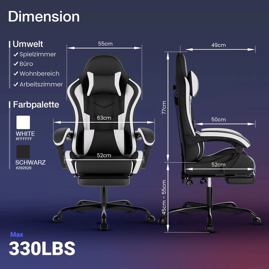 WOTSTA Gaming-Stuhl mit Fußstütze in Schwarz-Grau, ergonomischer Computerstuhl mit Lendenkissen und Kopfstütze, höhenverstellbar - Bild 2