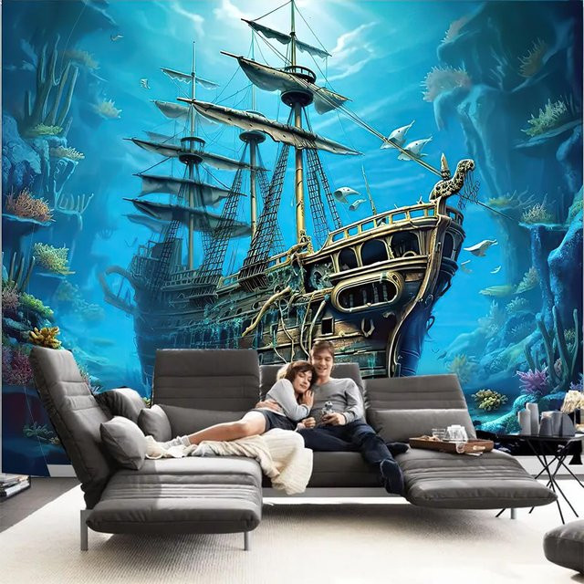 Nautischer Wandteppich JMG Household Supplies mit Geister-Segelboot und Meereslandschaft in Blau, Breite: 70 cm, Höhe: 100 cm - Bild 1
