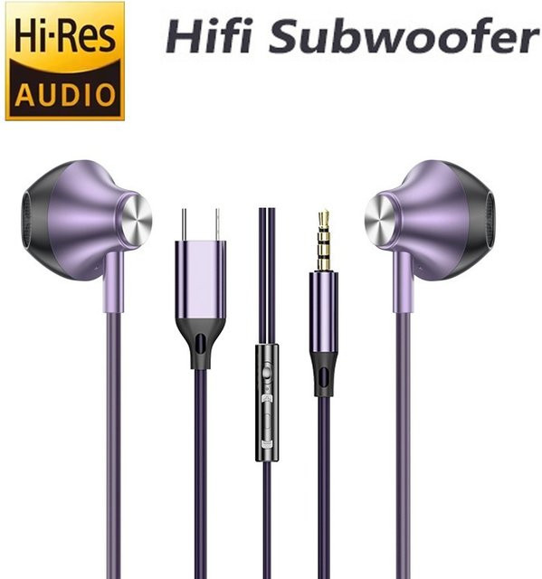 In-Ear-Headset mit USB-C und 3,5-mm-Klinke, HiFi-3D-Surround-Sound mit Kabelsteuerung, Farbe: Lila - Bild 1