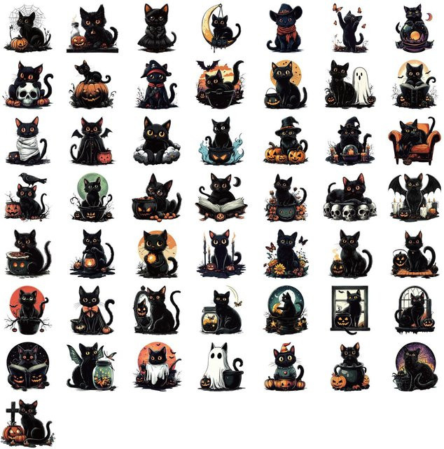 50 Stück Rui Di Halloween Schwarze Katze Aufkleber, Transparent, Goth Cartoon Sticker für Koffer und Telefon, Schwarz - Bild 1