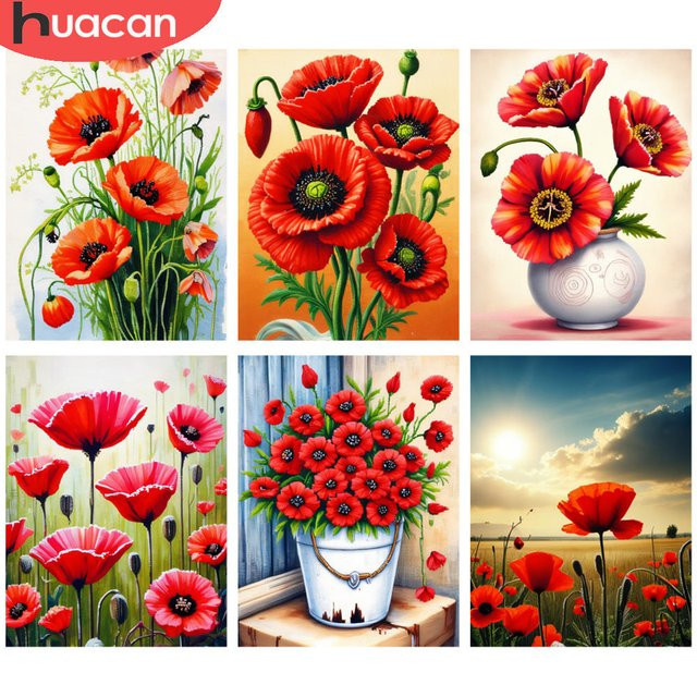 HUACAN Diamantmalerei Set Mohnblumen 5D DIY Mosaik Stickerei in Rot mit runden Steinen B/H: 30 x 20 cm - Bild 1