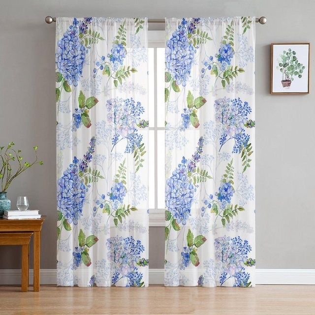 Transparente Tüll Vorhänge mit Aquarell Hortensienblättern von Household supplies MH, Farbe: Weiß/Transparent, B: 135 cm, H: 137 cm - Bild 1