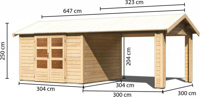 Gartenhaus Holz THERES 7 Systemhaus naturbelassen B/T: 304 x 304 cm mit 28 mm Wandstärke und Dachausbauelement - Bild 1