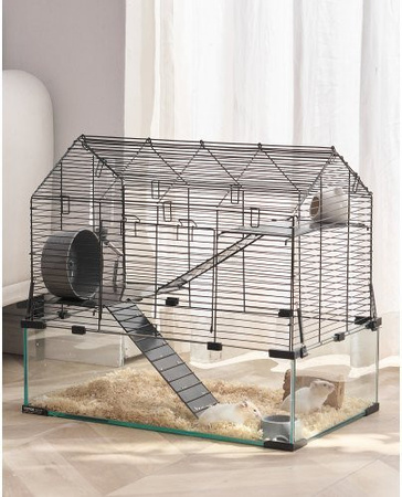 VEVOR Hamsterkäfig aus gehärtetem Glas und Eisengeflecht, transparenter Kleintierkäfig mit 360°-Sicht und Wasserflasche, Farbe: Schwarz, B/T/H: 58 x 38 x 54 cm