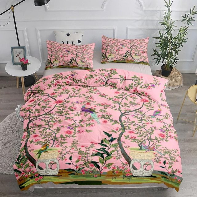 Bettwäsche-Set mit Blumen- und Vogel-Motiv in Pink aus Mikrofaser, bestehend aus 1 Bettbezug und 2 Kissenbezügen, Maße: Kissenbezug 70 x 133 cm - Bild 1