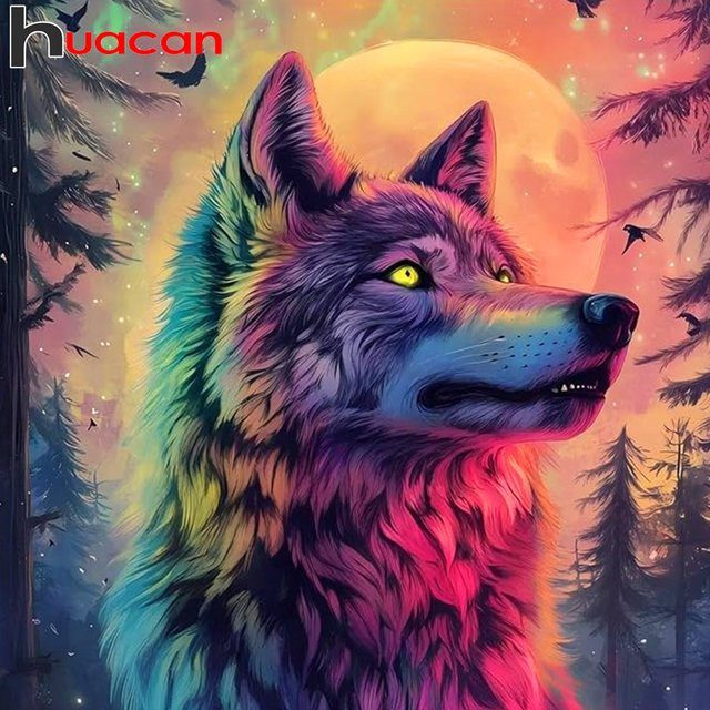 Huacan Diamant-Malset Wolf am Mond als Diamant-Mosaik Tier-Landschaft in Multicolour, B/H: 20 x 20 cm - Bild 1