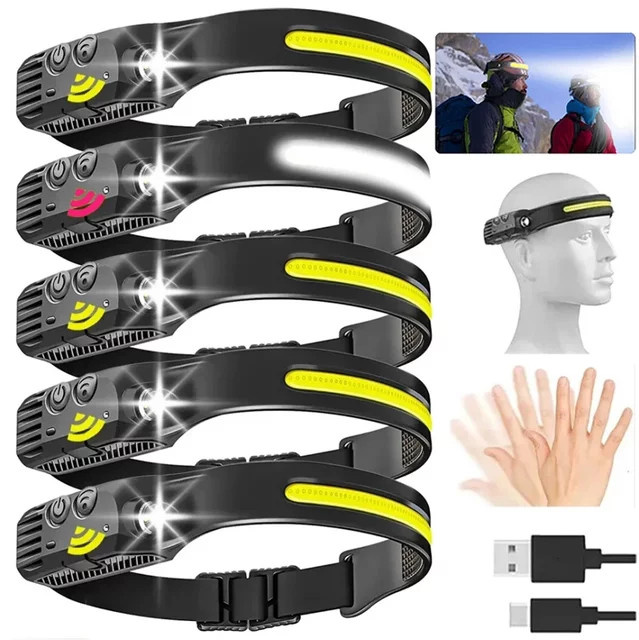 KDULIT USB aufladbare LED COB Stirnlampe mit Bewegungssensor, weißes Licht, wasserdichte Arbeitslampe für Camping und Angeln - Bild 1