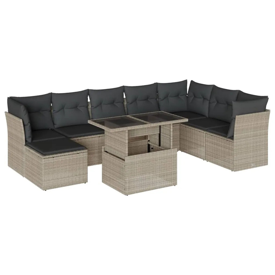 vidaXL 9-tlg. Garten-Sofagarnitur in L-Form aus Polyrattan mit Kissen in Hellgrau - Bild 2