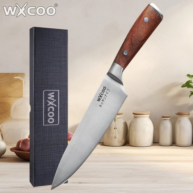 WXCOO Santoku Kochmesser mit japanischem Damast-Muster in Silber und Holzgriff - Bild 1