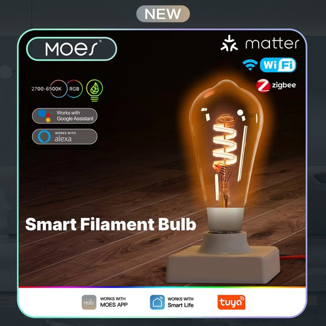 MOES ST64 Smart LED-Glühbirne Edison, RGB Filament Globe in Transparent, dimmbar, Tuya Matter WiFi Zigbee, kompatibel mit Alexa und Google Home - Bild 1
