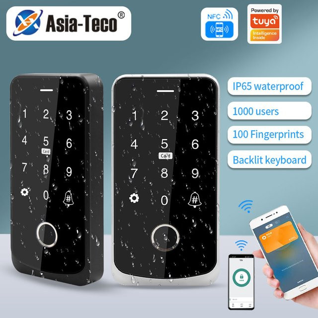 Asia-Teco Intelligentes Biometrie-Fingerabdruck-Zutrittskontrollsystem mit RFID und Tuya-App-Steuerung, IP65 wasserdicht, Schwarz - Bild 1