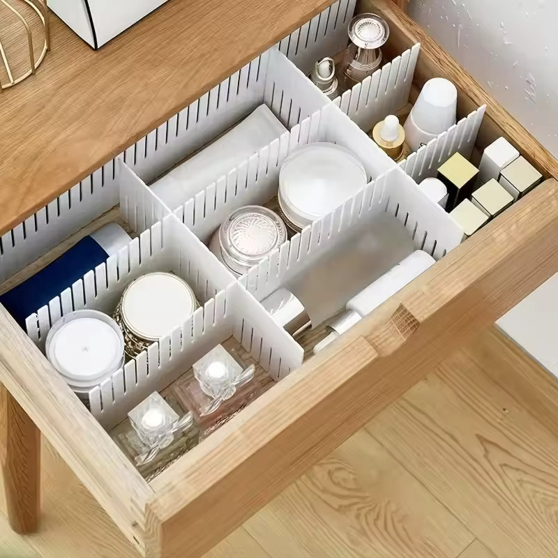 Weiße Schubladenteiler aus Kunststoff für Kleidung, Küchenutensilien und Büro, B/H/T: 37,0 x 7,0 x 4,0 cm - Bild 3
