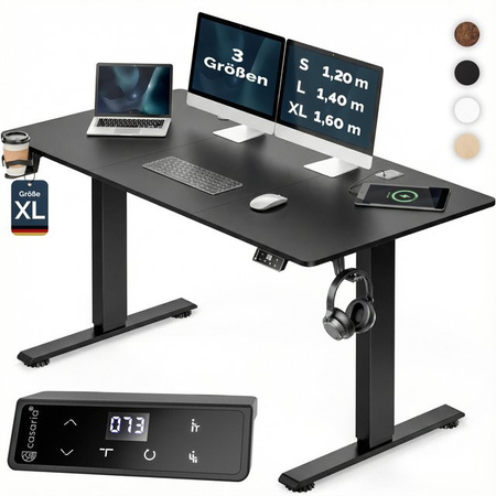 CASARIA Elektrischer höhenverstellbarer Schreibtisch in Schwarz, Gaming Desk für Home Office mit Kabelwanne, B/T/H: 160 x 75 x 72-117 cm