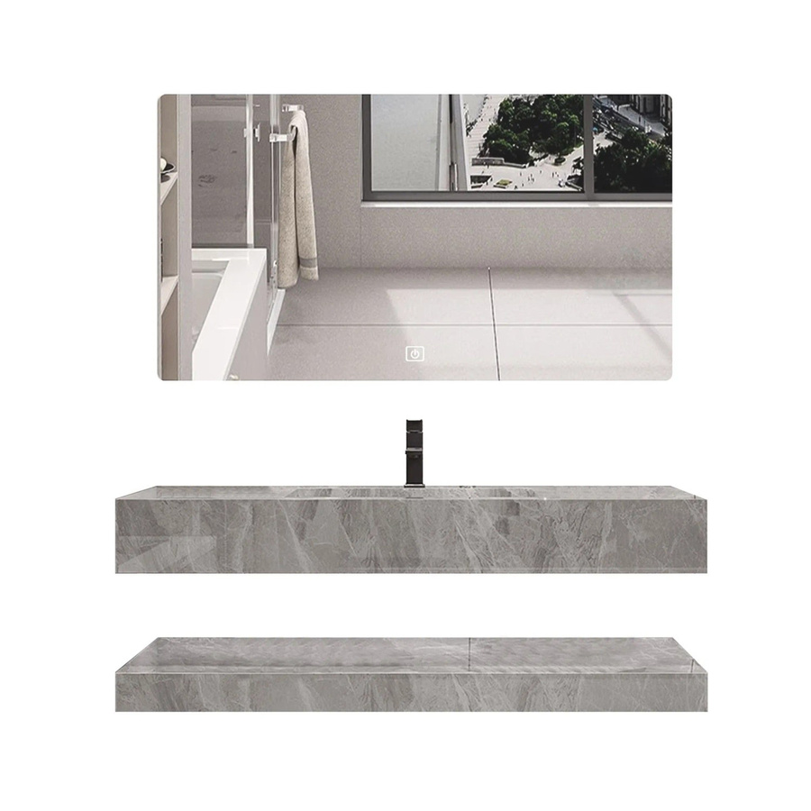 360Home Badezimmer Waschbecken Set mit LED Spiegel und Sinterstein Ablageplatte in Grau, B: 130 cm, T: 55 cm, H: 15 cm - Bild 2