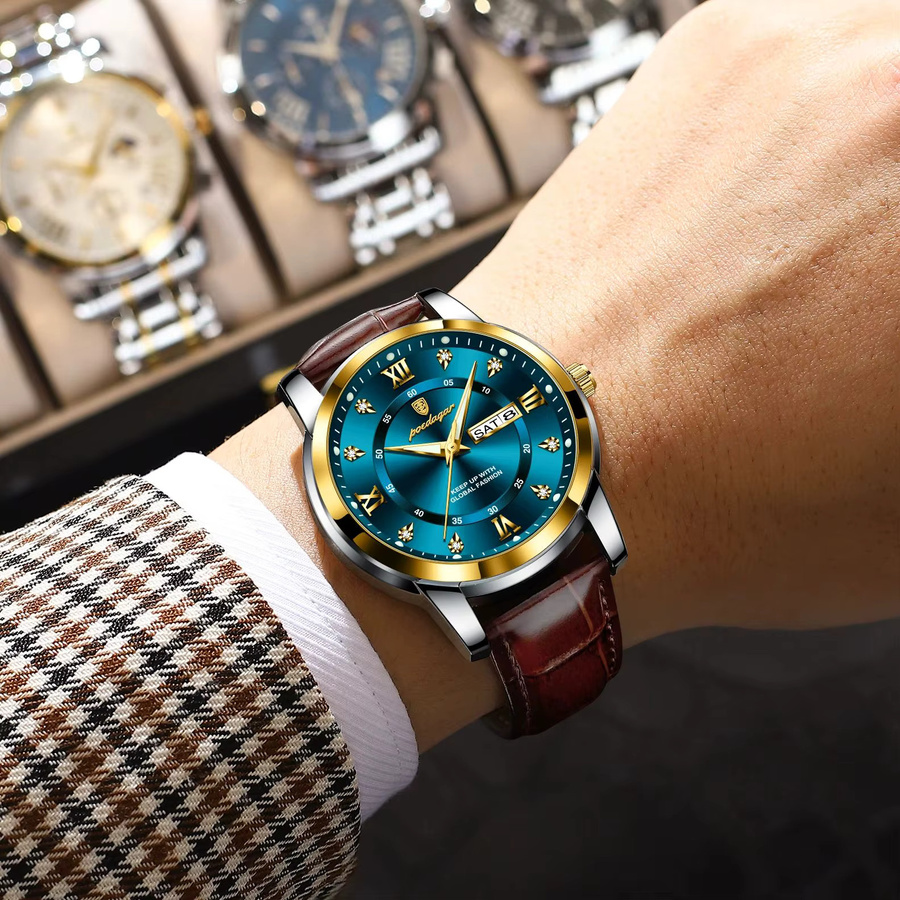 POEDAGAR Armbanduhr Quarz, Leder, Blau, Herren, Kalender, Wochentag - Bild 5
