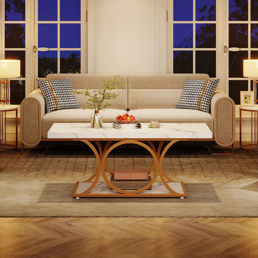 Tribesigns Rechteckiger Couchtisch aus Kunstmarmorholz in Weiß und Gold, moderner 2-stöckiger Couchtisch für dein Wohnzimmer - Bild 4