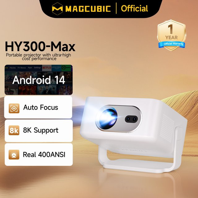 Magcubic HY300Max Tragbarer Outdoor-Projektor mit Android 14, Auto-Fokus, 400 ANSI, 8K Unterstützung, Native 4K, 720P, Wifi6 und Bluetooth 5.4 in Weiß - Bild 1