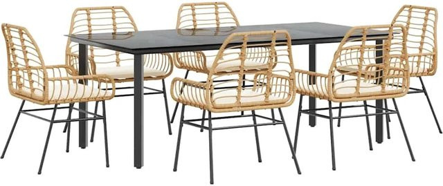 vidaXL 7-teilige Garten-Essgruppe aus Poly Rattan mit Glasplatte und Kissen in Braun und Cremeweiß - Bild 1