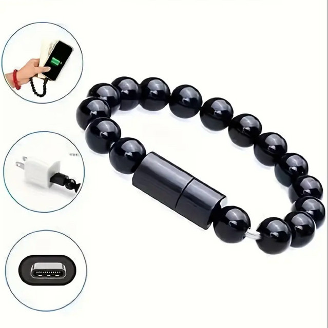 Tragbares Armband USB-Ladekabel für Schnellladen mit USB-C und Micro-USB Anschlüssen in Schwarz für iPhone, Samsung, Xiaomi und Huawei - Bild 1