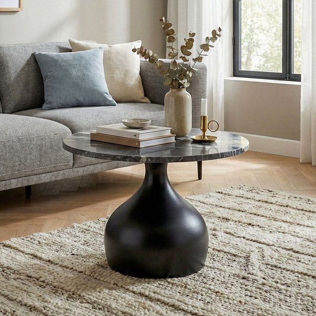 Finebuy Couchtisch rund mit Marmorplatte und Metallgestell in Schwarz, Durchmesser: 60 cm, Höhe: 41 cm - Bild 1