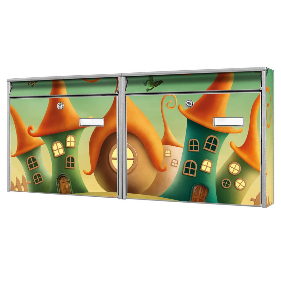 banjado Burg Wächter Briefkastenanlage für Mehrfamilienhäuser in Silber, verzinkt und lackiert mit Zwergenhausen Motiv, H x B x T: 72,5 x 32,2 x 10 cm - Bild 1