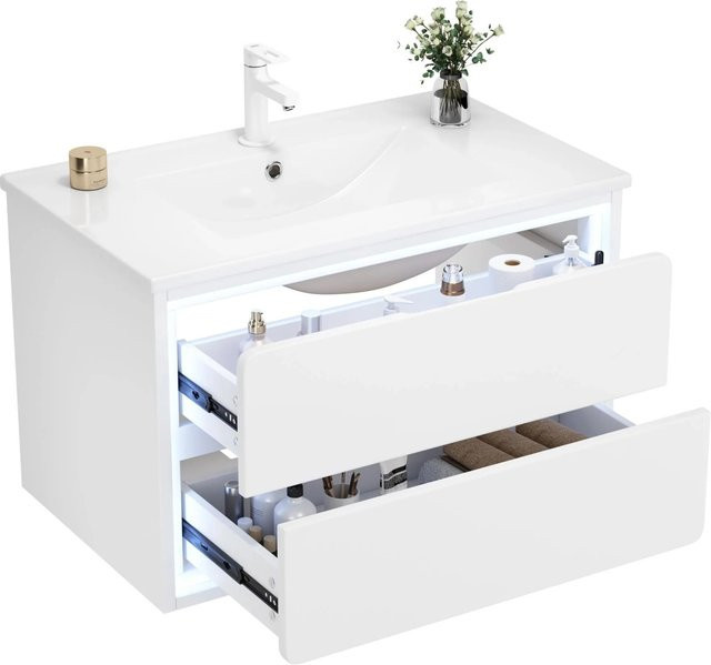 PXloue Badmöbel Set Weiß mit Waschbecken, Wandhängend, LED-Beleuchtung und Sensor-Schalter, 2 Schubladen - Bild 1