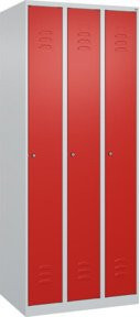 C+P Spind Classic PLUS Garderobenschrank mit 3 Abteilen, Farbe: Lichtgrau/Verkehrsrot, H x B x T: 185 x 75 x 50 cm, mit Zylinderschloss und 3 Garderobenhaken - Bild 1