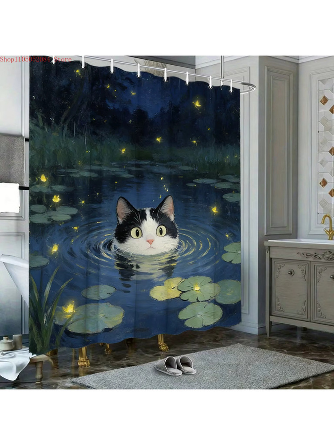 Wasserdichter Duschvorhang von BEAST KINGDOM mit Ölgemälde-Motiv Schwarz-Weiß-Katze im Teich mit Seerosen und Glühwürmchen, Farben: Schwarz, Weiß, Blau, B/H: 180 x 90 cm - Bild 2