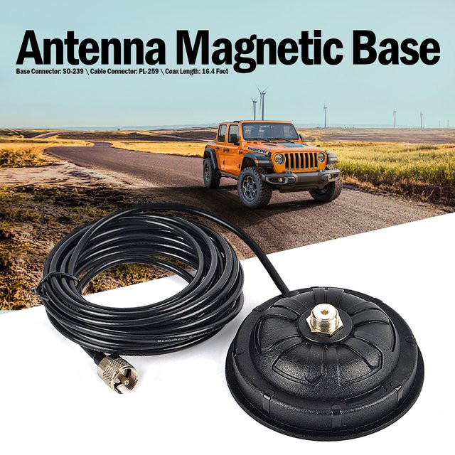 RUNUPTOP Magnetische Antennenbasishalterung mit 5 m RG-58-Kabel und PL-259 Stecker in Schwarz für Cobra Midland Uniden Handfunkgeräte und CB-Radios - Bild 1