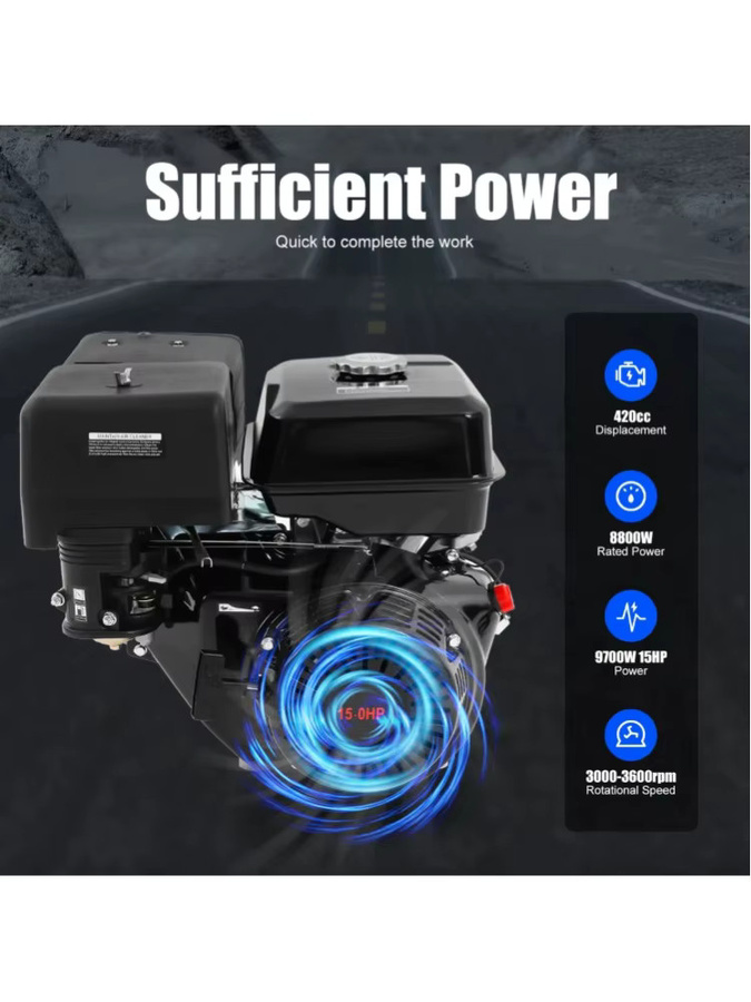 Bymaocar 15 PS Benzinmotor mit 420 cm³ OHV 4-Takt Einzylinder in Schwarz, 8800 W Nennleistung, 9700 W Maximalleistung, luftgekühlt mit 6,5 L Kraftstofftank und Ölalarm - Bild 9