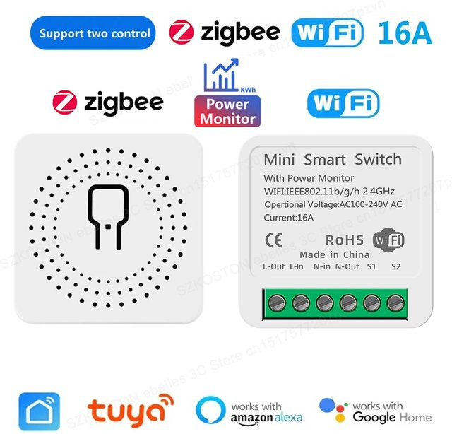 Tuya Smart Home ZigBee Wifi Smart Switch mit Power Monitor 16A Lichtschalter Modul DIY Breaker Relais für Alexa und Google Home, Weiß - Bild 1