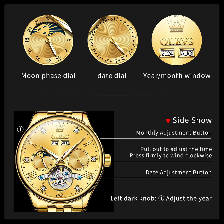 OLEVS Armbanduhr, Automatik, Edelstahl, Gold, Herren - Bild 5
