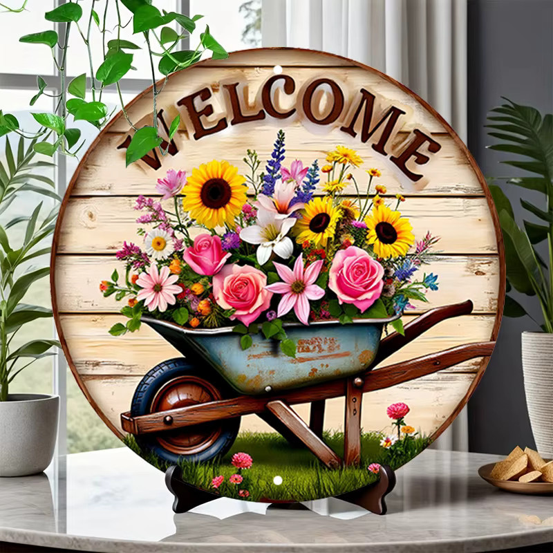 Potdemiel Vintage Willkommensschild aus Metall mit floralem Design und Schubkarre, runde Wanddekoration, Durchmesser: 20 cm - Bild 3