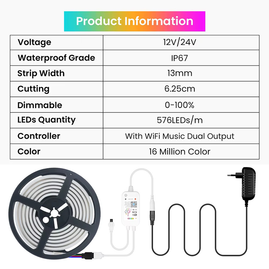 KISUFU RGB COB Neon LED Streifen Set mit WIFI und Bluetooth, 24V Multicolour LED Licht mit Fernbedienung und Netzteil, Wasserdicht - Bild 3