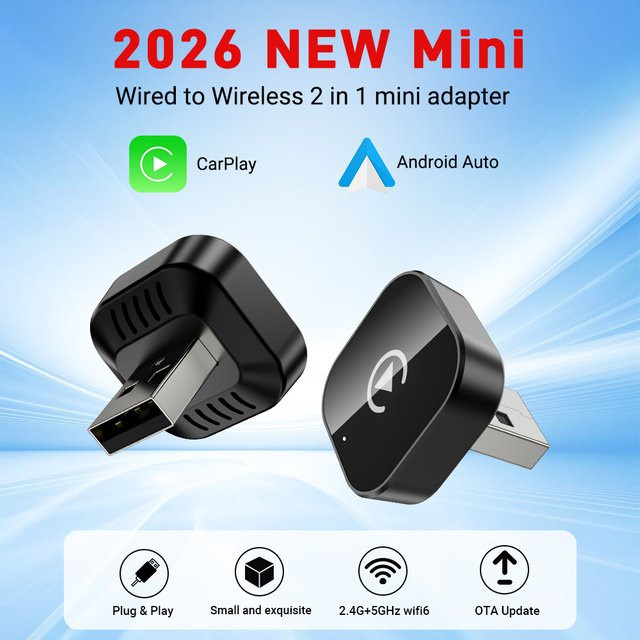 XUDA 2-in-1 CarPlay Adapter von kabelgebunden zu kabellos mit Android Auto Unterstützung, 5GHz WiFi Smart Box in Schwarz mit USB-C und USB-A Anschlüssen - Bild 1