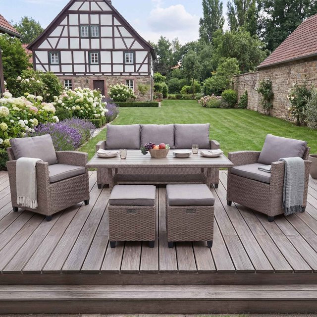 MCW Garten-Lounge-Set aus grauem Poly-Rattan mit WPC-Tischplatte - Bild 1