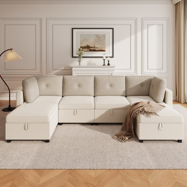 KOMHTOM Modulares U-förmiges Ecksofa für dein Wohnzimmer in Grau mit Stauraum und passenden Dekokissen - Bild 1
