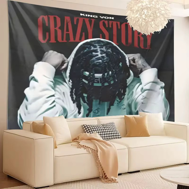 VIKAMA King Von Crazy Story Wandteppich Hip-Hop Album Cover Wandbehang Musik Wandkunst, Mehrfarbig - Bild 3