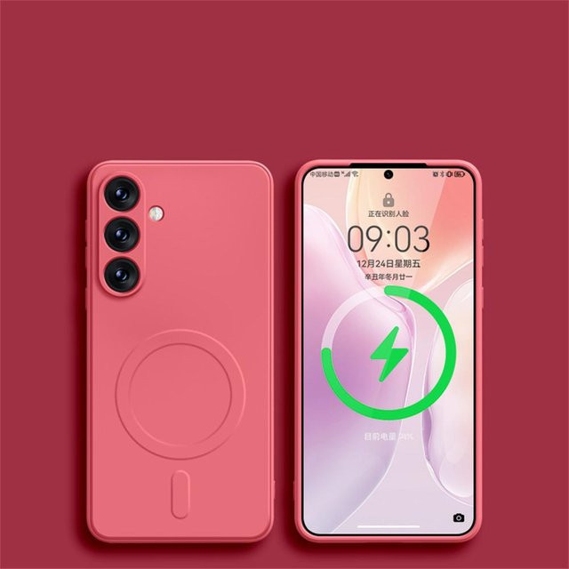 Magnetische kabellose Ladehülle aus flüssigem Silikon für Samsung Galaxy S24 Ultra S24 Plus S23 FE S22 S21 Plus in Pink mit MagSafe Kompatibilität und stoßfestem Schutz - Bild 1