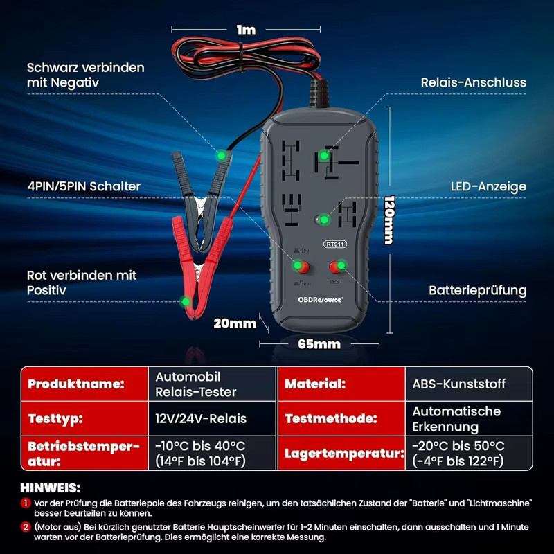 OBDMonster Universal Automotive Relais Tester für 12V/24V mit LED Anzeige zur Diagnose und Spannungsmessung - Bild 2