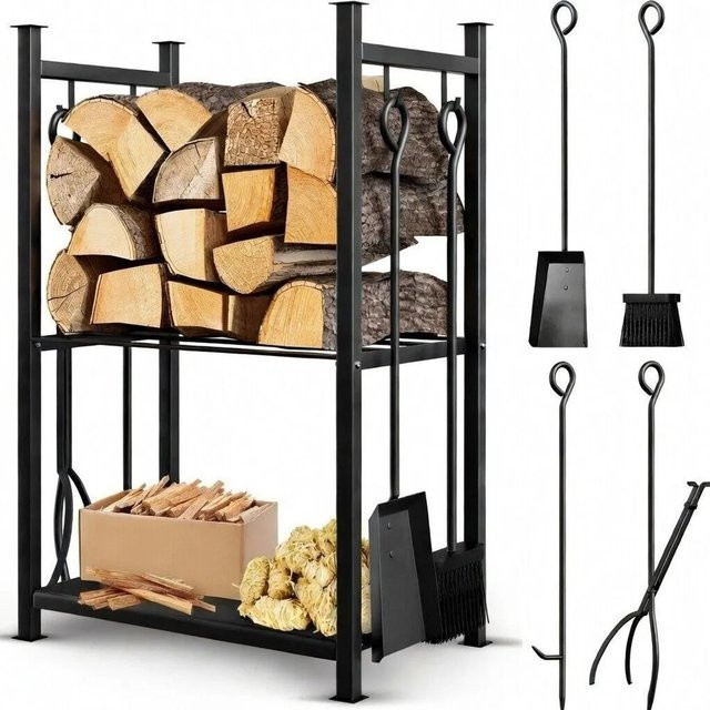 BLACK OAK Kaminholzständer ANTERO, 5-teiliges Kaminholzregal aus pulverbeschichtetem Metall mit 2 Ebenen für den Innenbereich, Schwarz, B/H/T: 72 x 46 x 30 cm - Bild 1