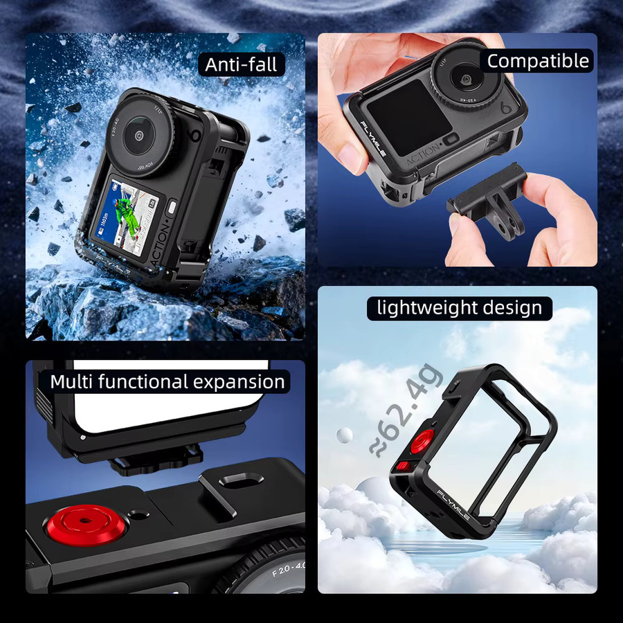 Flymile Kamerakäfig aus Aluminiumlegierung für DJI Osmo Action 6 in Schwarz mit Kaltschuhhalterung - Bild 3