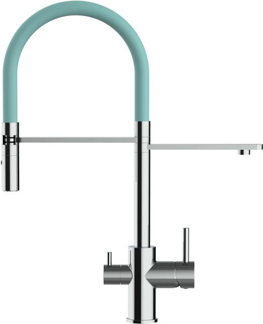 VIZIO Küchenarmatur mit 3-Wege-Wasserhahn, 360° schwenkbarer Auslauf und abnehmbarer 2-Strahl-Handbrause, Verchromt, Türkis - Bild 1